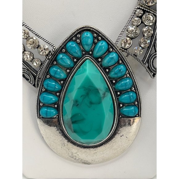 Faux Turquoise Chunky Necklace Costume Silver Estate - Picture 2 of 4